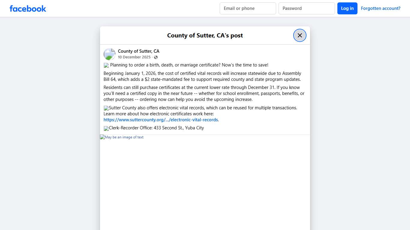 📄 Planning to order a birth, death,... - County of Sutter, CA | Facebook
